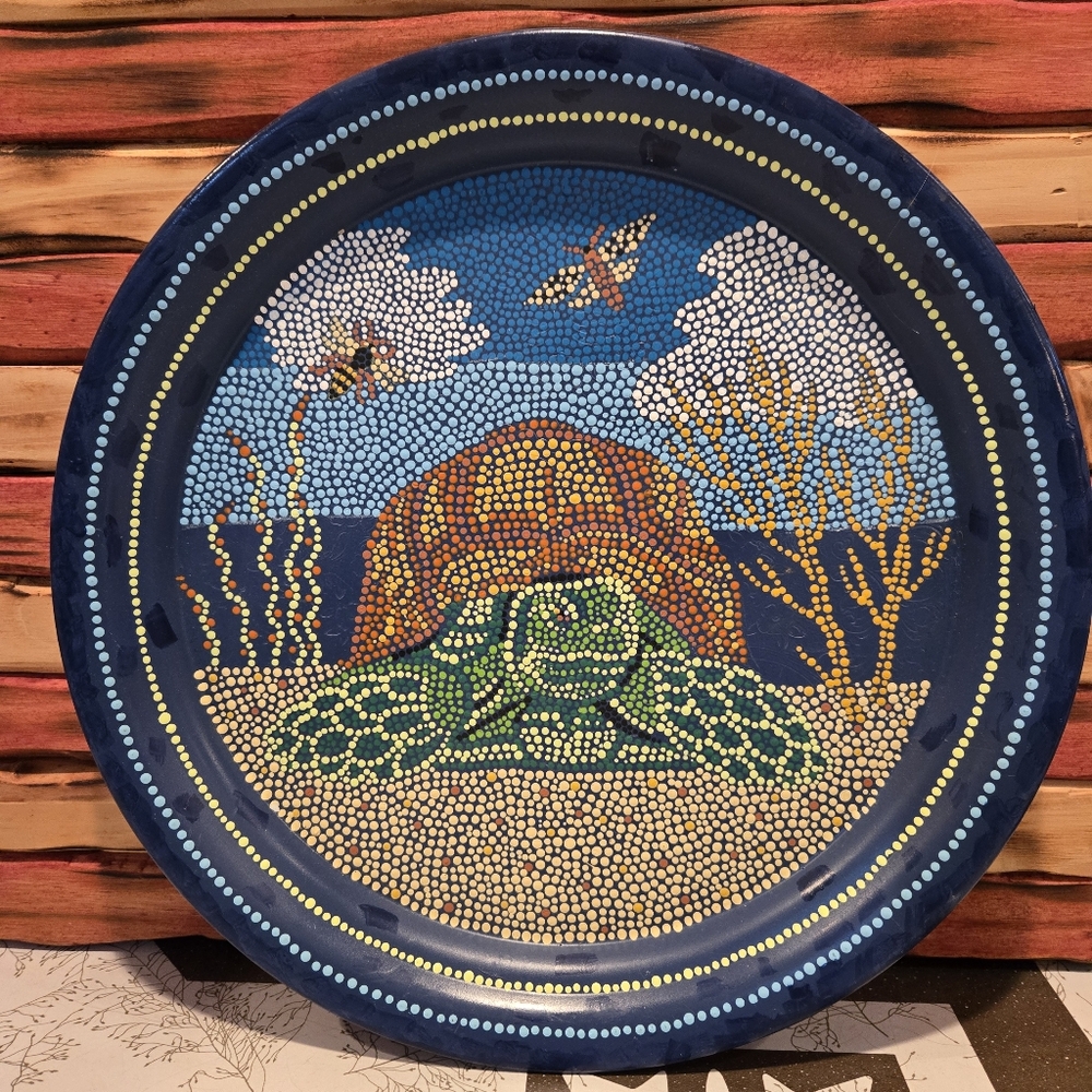 Turtle Handpainted Vtg Metal Plate/tray Upcycled Dot Art